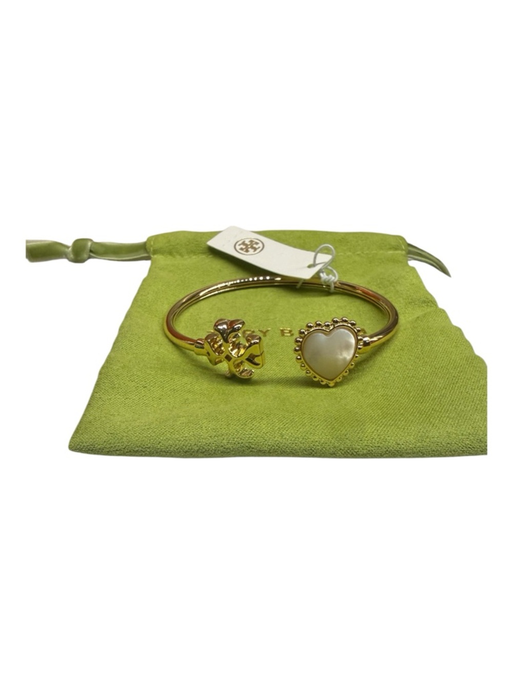 Tory Burch Gold Heart and Logo Open Bangle with Pearl Accent